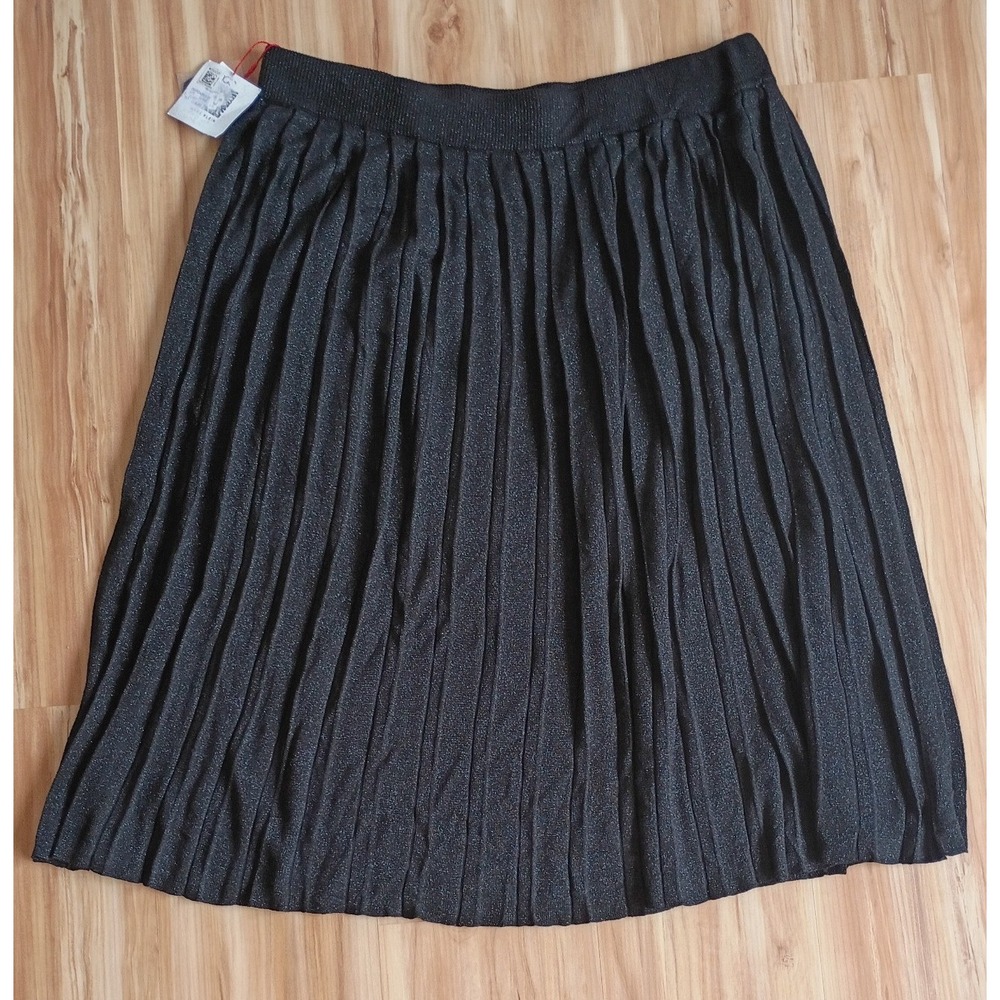 Anne Klein Black Shimmer Pleated Knit Midi Skirt XL Pull On Elastic Waist Office